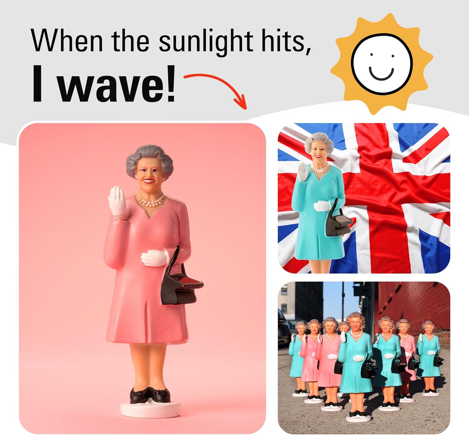 Kikkerland Solar Powered Waving Queen Figurine: Fun Decor for Home & Kitchen, Office Desk, Garden, Car – Great Novelty Toy Statue, Display Shelf Collectible, Holiday & Birthday Gift