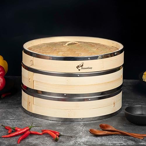 Miniatura 5 de Cesta para cocinar al vapor de bambú, con borde reforzado de acero inoxidable, cesta de vapor de 2 niveles de 25 cm, 50 forros, palillos, plato de