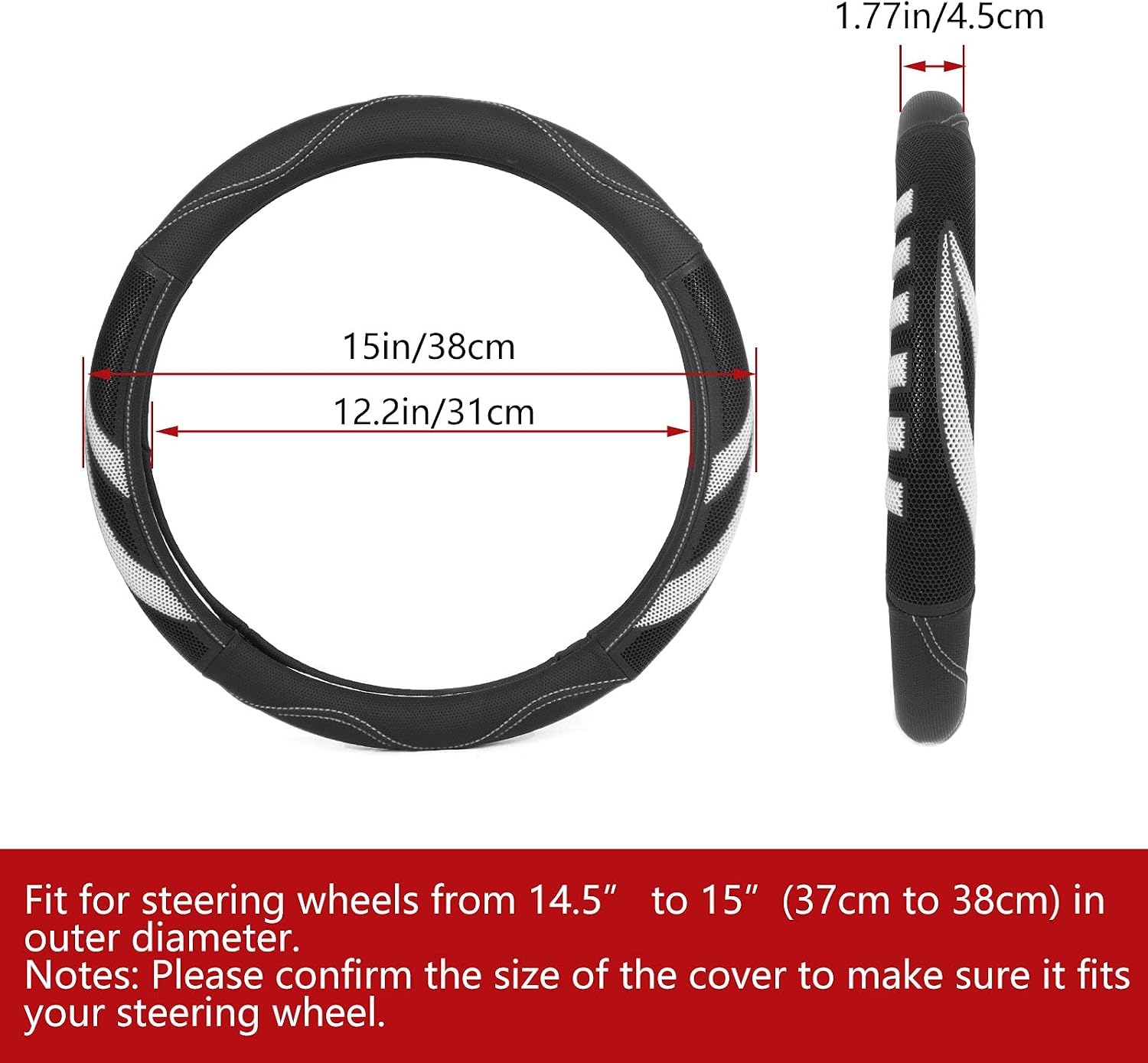 Steering Wheel Covers, SZUAH 15 Inch Universal Microfiber Leather Anti-Slip Steering Wheel Protector, Heat Resistant, Breathable & Odorless for Auto Car Accessories, White