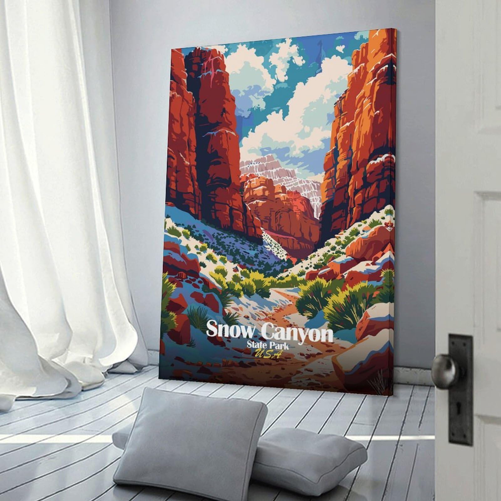 Junmoney Snow Canyon State Park Illustration Hanging Wall Art 24x36inch(60x90cm), for Small Homes, Bedrooms Or Open Spaces, Decorative Canvas Decor for Home Updates