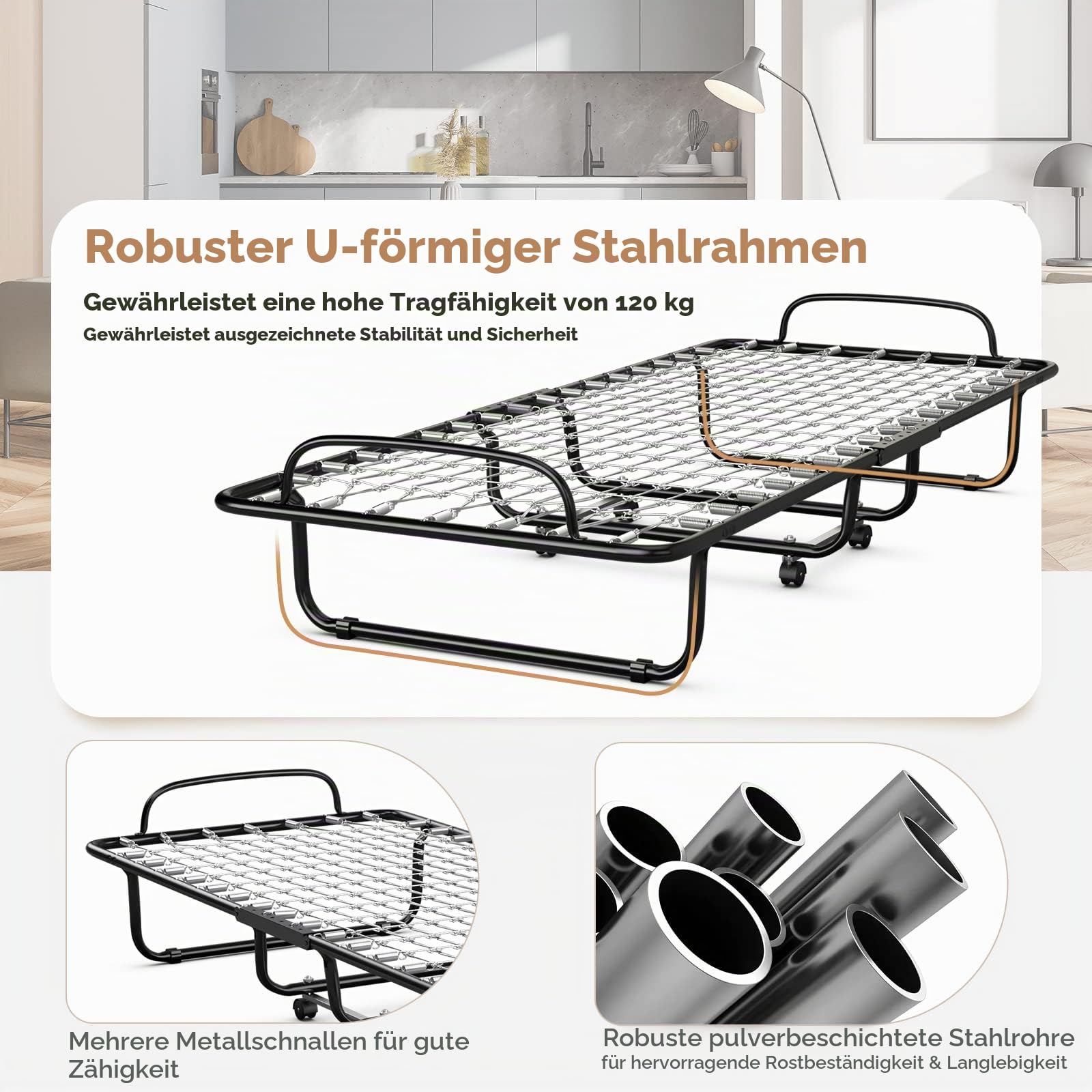 GIANTEX Gästebett klappbar, Klappbett 80x190cm Erwachsene, Einzelbett inkl. Matratze Memory-Foam, Reisebett mit 4 Rollen, klappbares Bett Faltbett Metallbett bis 120 kg belastbar