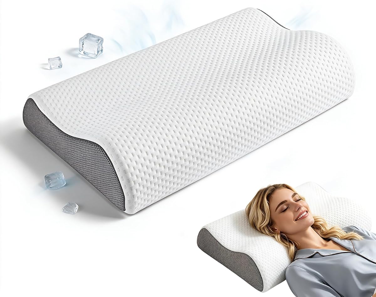 Almohada de espuma viscoelástica de contorno, almohada de soporte para el cuello de firmeza media de perfil bajo | Almohada de soporte para el cuello para una comodidad suave del cuello, funda lavable extraíble y transpirable, ideal para personas que duermen boca arriba y de lado estrecho