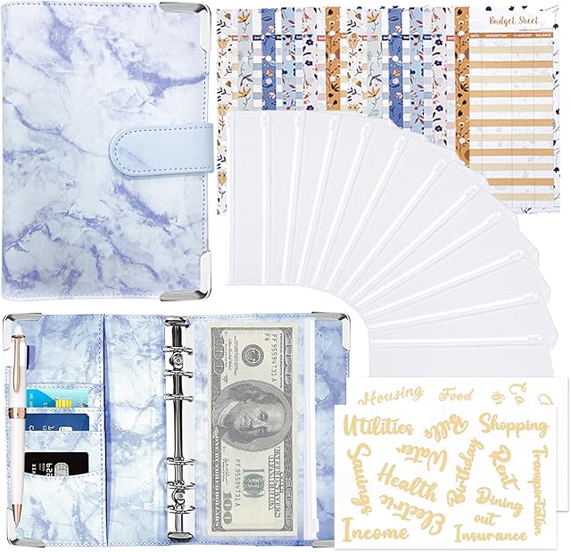 A6 Budget Binder with 12 Cash Envelopes Wallet, Giyiprpi Marble Cover with 12 Budget Sheets 2 Categories Letter Sticker, PU Leather Notebook Planner Organizer for Budgeting and Saving Money(Purple)