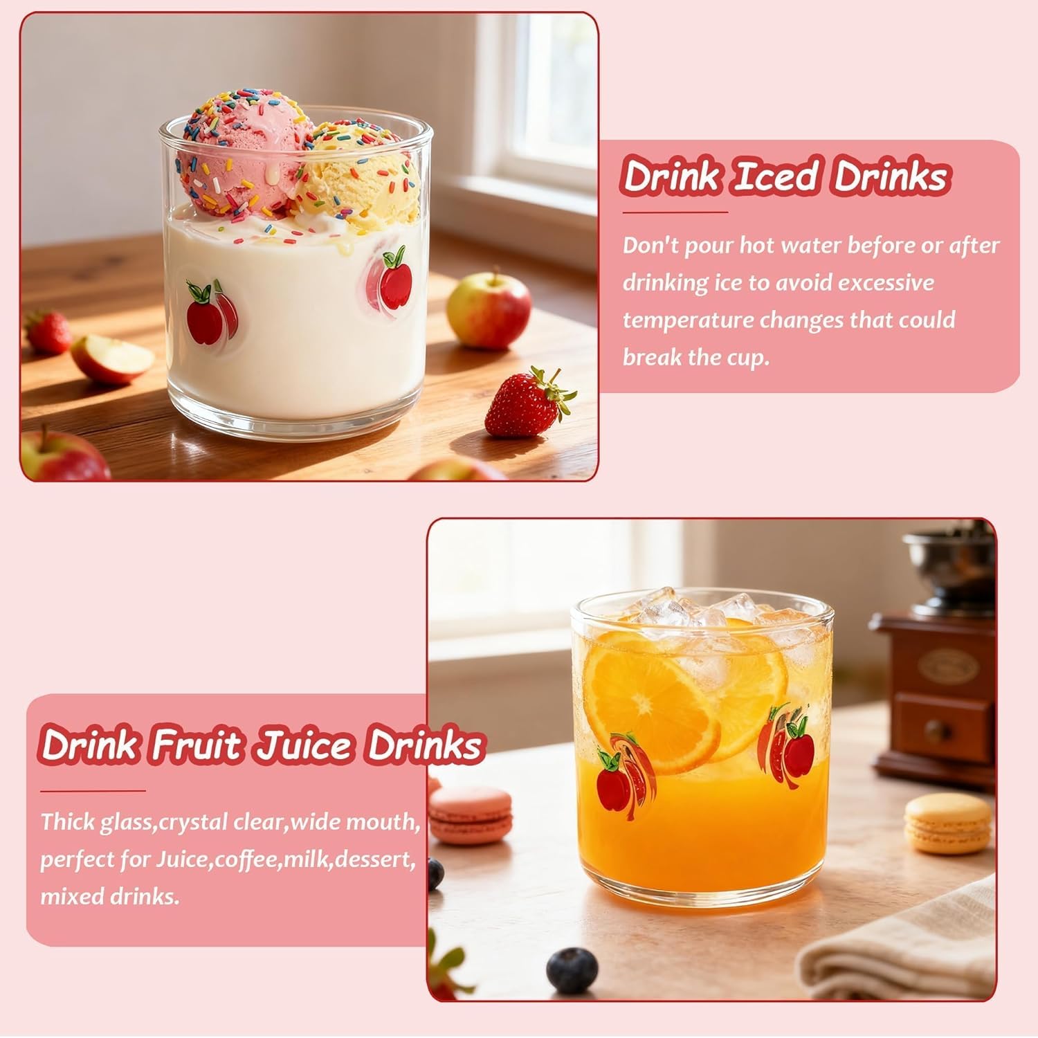 Apple Icon Juice Glasses, Aesthetic Glass Juice Cups 14 oz Cocktail Glasses Drinking Glass Old Fashioned Iconic Glasses for Women Sister Friend Party (Apple) - Image 4