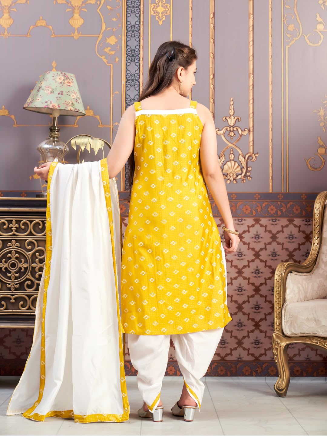 Aarika Girls Ethnic Wear Yellow-Cream Colour Printed Silk Dhoti Kurta Set-8-15 Years (Dh-Tr-K-941)