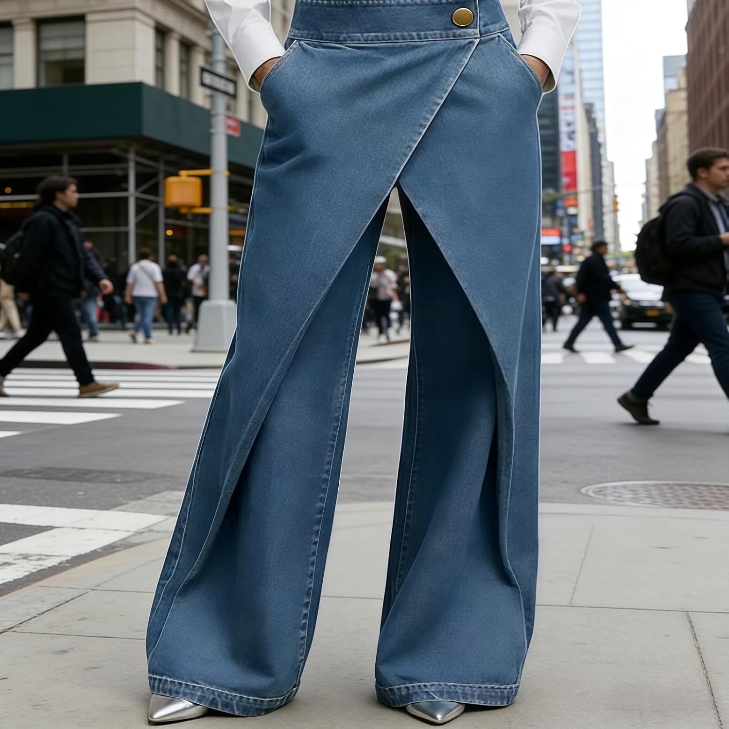 Women's Elegant Wide Leg Jeans Pull On High Waisted Wrap Denim Pants Baggy Business Work Trousers