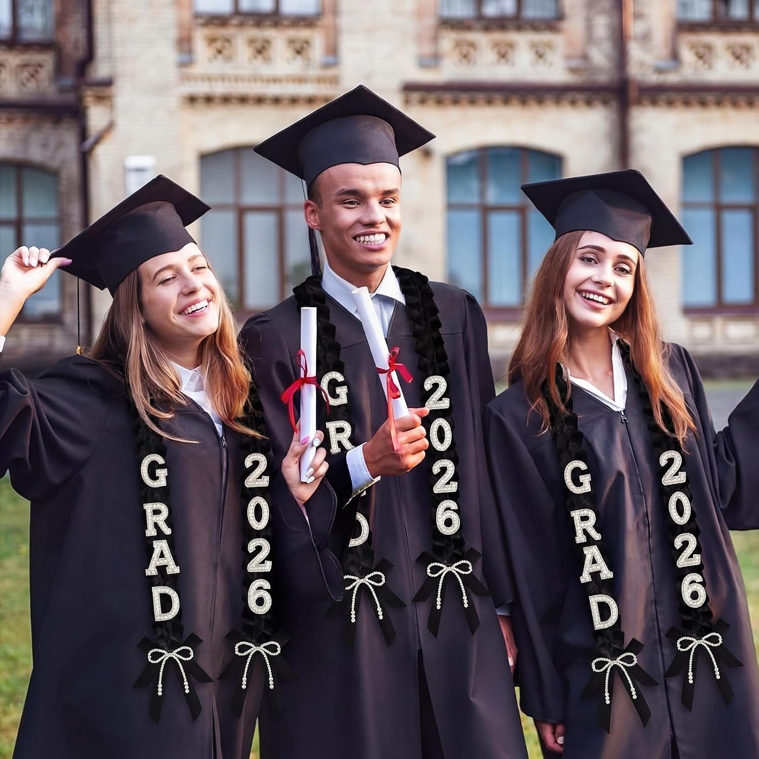 DIY Class of 2026 Graduation Leis with 30 Pearl Patches Letters and Numbers Graduation Money Leis Double Braided Ribbon Necklace for High School College 2026 Grad Party Decor(Black)