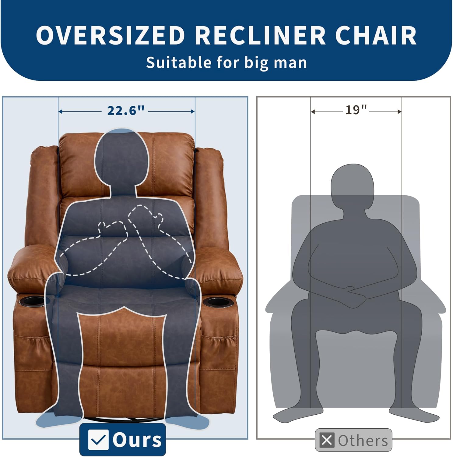 Rocking Recliner Chair for Adults PU Leather Wide 360° Swivel Rocker Recliner with Cup Holder Nursery Glider with Upholstered Deep Seat Lazy boy Chair for Living Room Brown