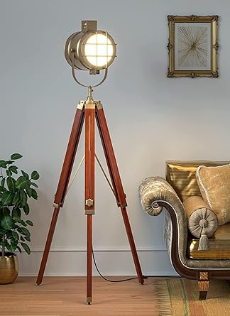 Vintage Tripod Spot Light Floor Lamp Designer Nautical Spotlight Collectible Searchlight Spot Light Studio Adjustable Wooden Tripod Floor Lamp for Home, Living Rooms
