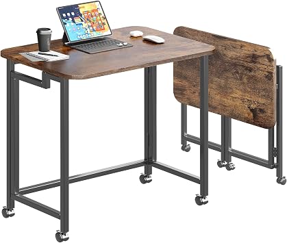 JSB Folding Desk for Small Spaces,Mobile Portable Rolling Laptop PC Table on Wheels,Foldable Computer Desk for Home Office,Bedroom,Dorm,Space Saving Rustic & Brown, 31.5"