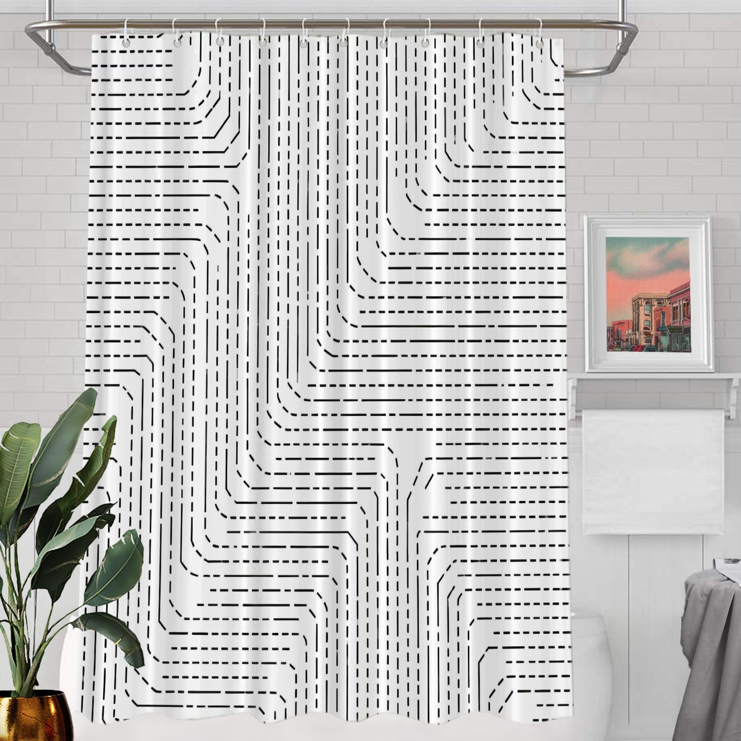 Batmerry Black White Stripe Decor Shower Curtain,Abstract Irregular Horizontal Wavy Line Bathroom Decor Polyester Plastic Rings Quick-Drying Waterproof for Bathtubs/Bathroom, 72x60 inches