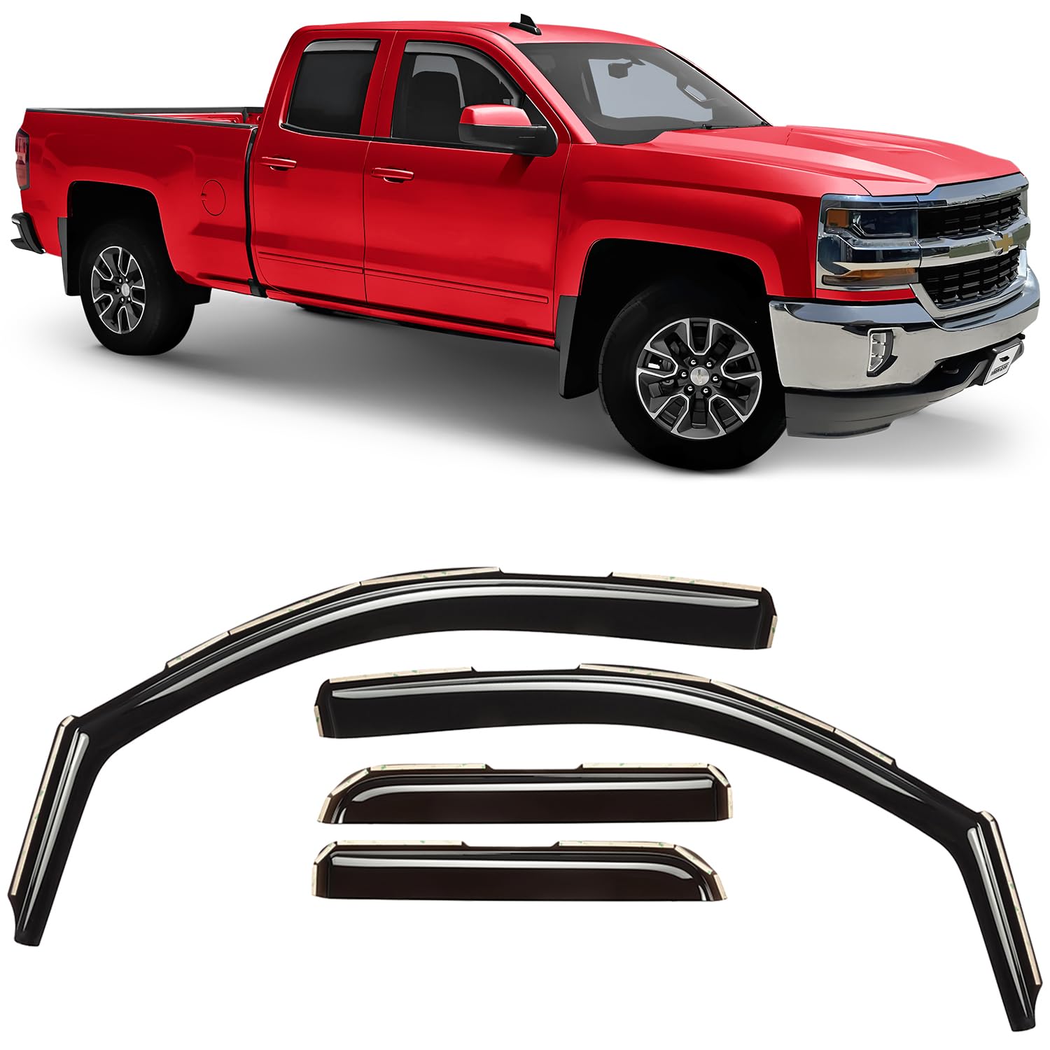 Voron Glass in-Channel Extra Durable Rain Guards for Trucks Chevrolet (Chevy) Silverado/GMC Sierra 2014-2018 Double Cab, Window Deflectors, Vent Window Visors, 4 Pieces - 230092