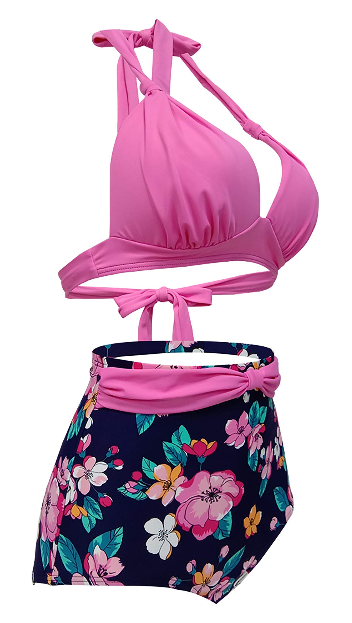 Bslingerie Bikini rétro vintage push-up taille haute pour femme - Rose - Taille M