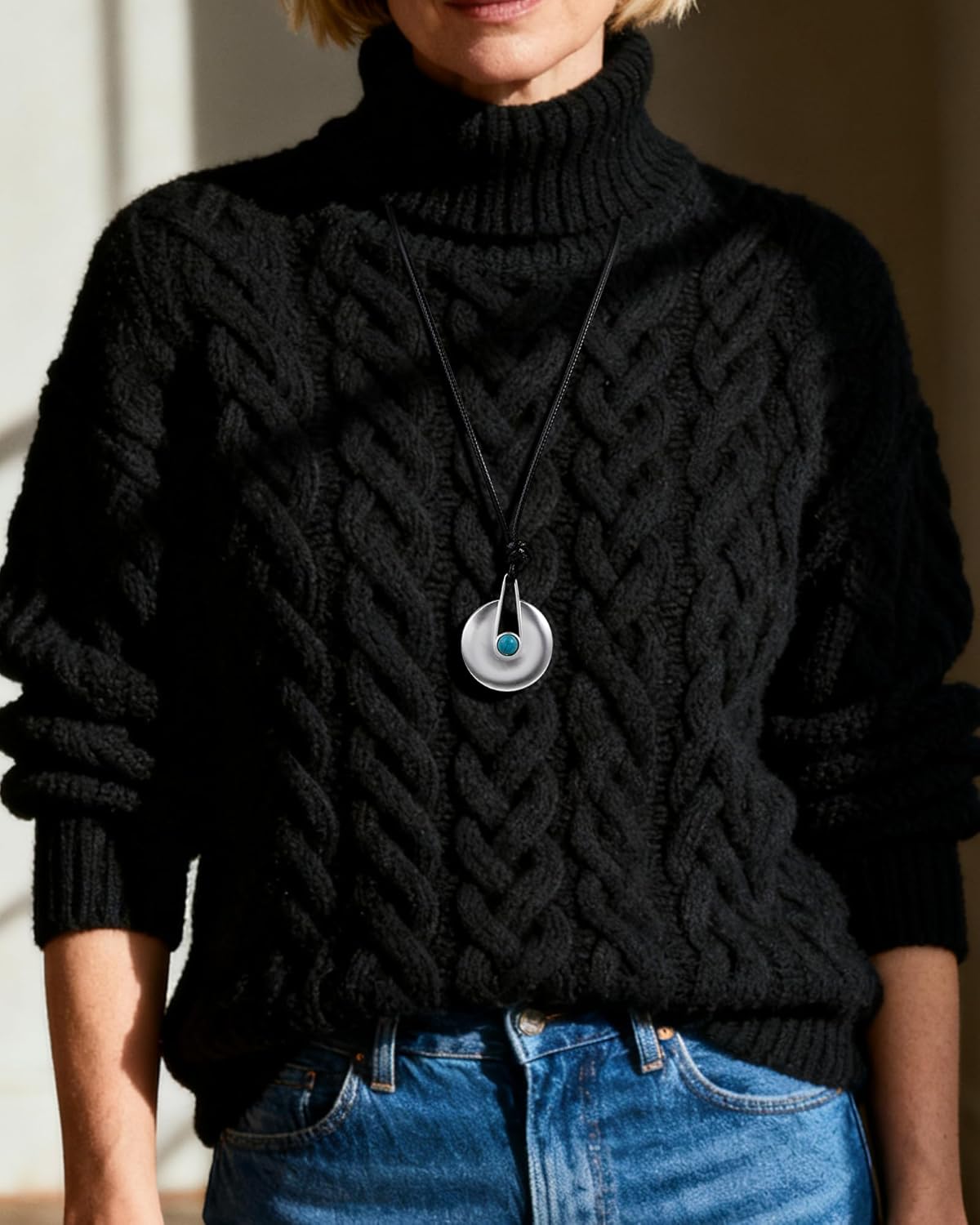 Boho Long Necklace for Women-Turquoise Large Disc Leather Pendant Necklace,Western Vintage Sweater Silver Jewelry Gift - Image 2