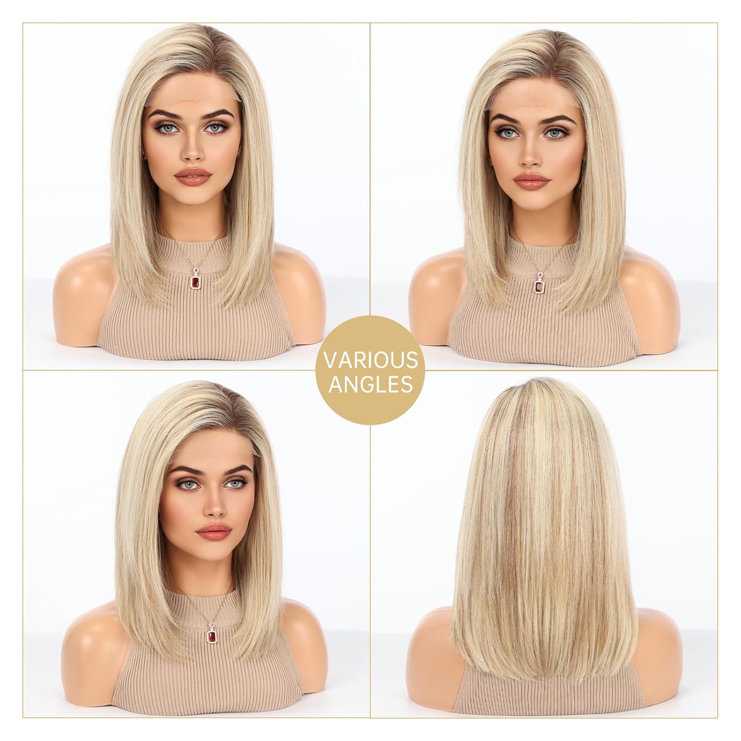 KKU 100% Human Hair Lace Front Wig for Women– Pre-Plucked Natural Hairline, Side Part Ombre Blonde Brown Wig, 14 Inch, Soft & Natural Hair for Daily Use