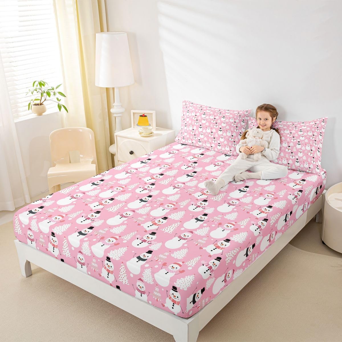 Erosebridal Kawaii Fitted Sheet Twin Cute Cartoon Snowman Sheet Set for Kids Child Girls Pastel Pink Merry Christmas Tree Bed Sheets Snowflake Bed Cover Xmas Decorations image 5
