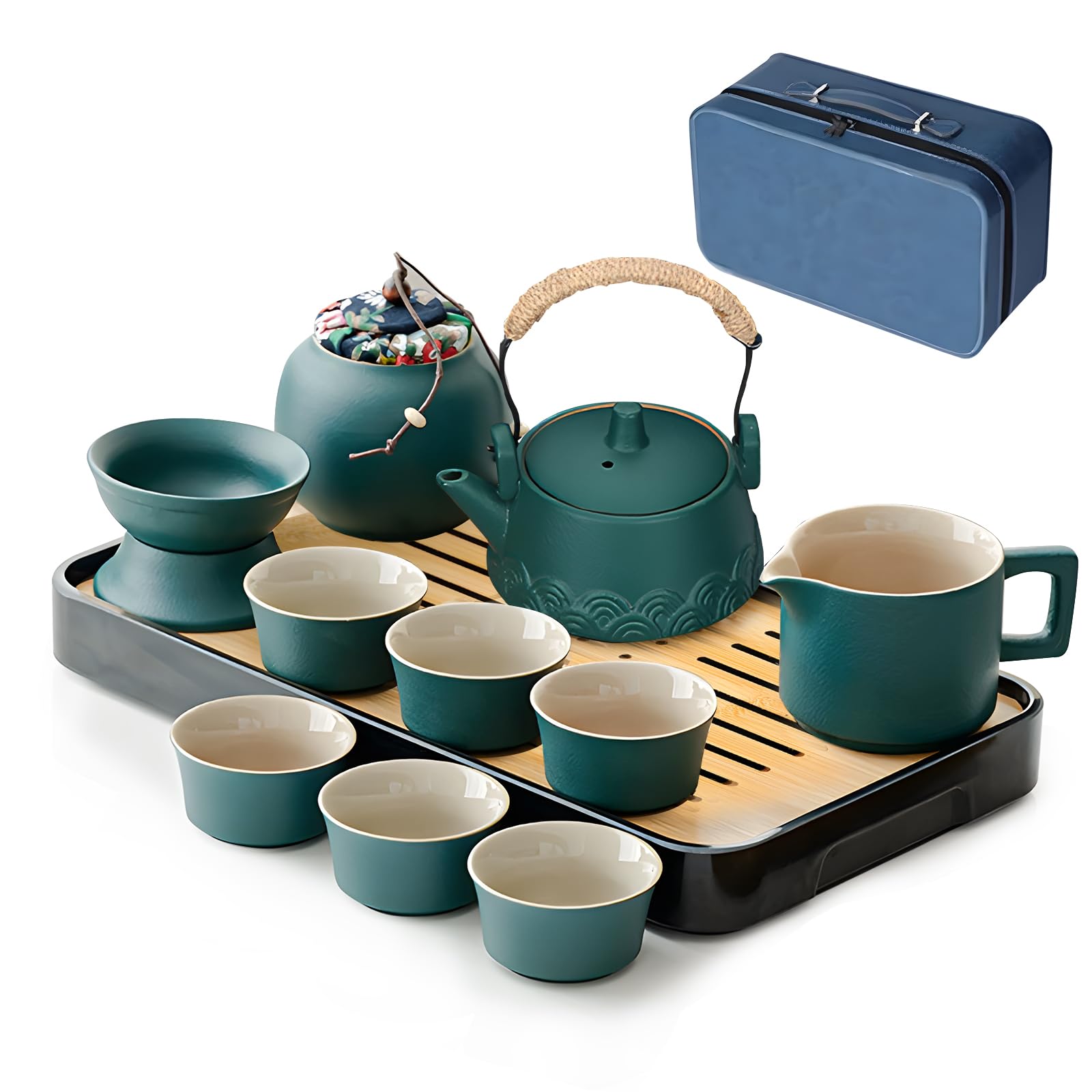 Servizio da tè giapponese, set da tè Kung Fu, 14 pezzi, in ceramica, portatile, con teiera, 6 tazze da tè e vassoio in bambù, borsa da viaggio inclusa, set da tè tradizionale per regalo, campeggio e