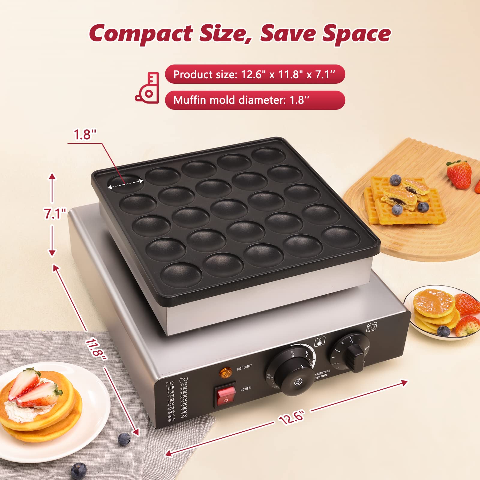 Mini panquequera holandesa con receta, 25 piezas de 1.8 pulgadas, máquina de panqueques eléctrica con revestimiento antiadherente, acero inoxidable, calentamiento rápido, uso doméstico y 4