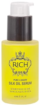 RICH Pure Luxury Silk Oil Serum with Organic Jojoba & Sweet Almond Oil for All Hair Types - Moisturizing & Smoothing - Protects Hair from Styling & Coloring Damages, Prevents Frizz & Breakage - 2 Oz