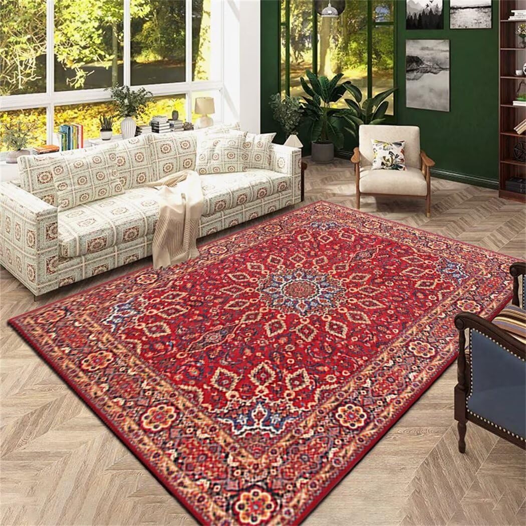 Tapis de salon facile à nettoyer style floral rouge 130x190