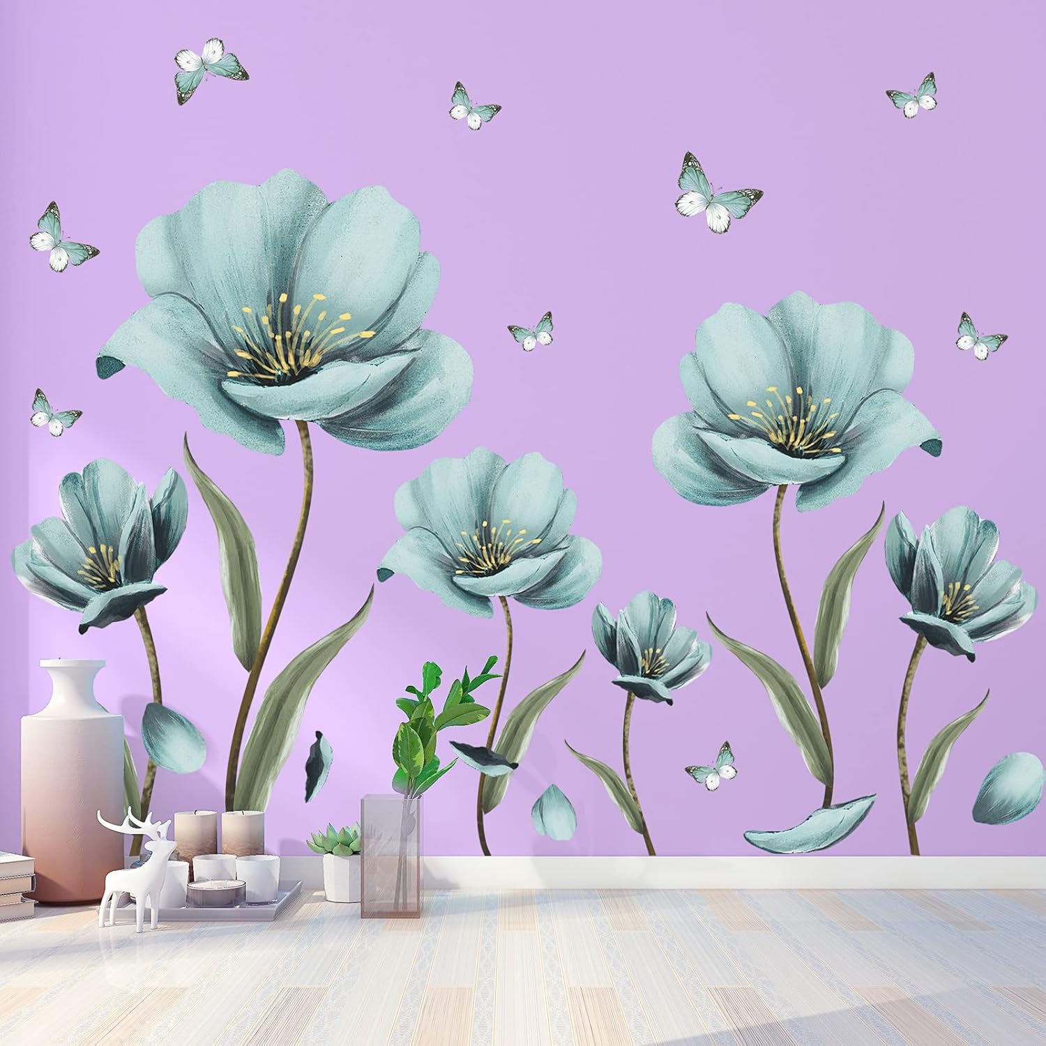 RW1025 Giant Blue Flowers Wall Decals Butterfly Floral Wall Stickers DIY Removable