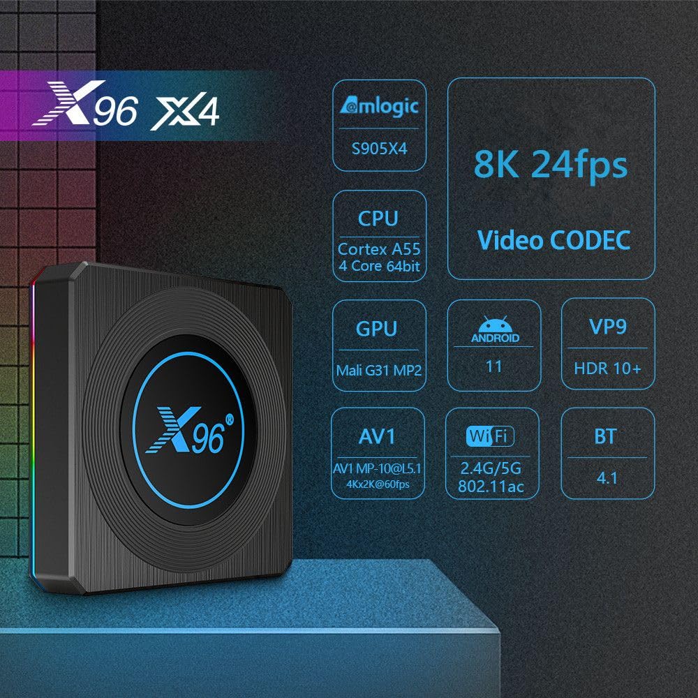 4 GB 64 GB X96 X4 Smart TV Box Android 11.0 S905X4 Quad Core 2.4G/5G WiFi 1000M, BT4.1 USB3.0 Supporto AV1, H.265, HDR 8K 24fps Set top box
