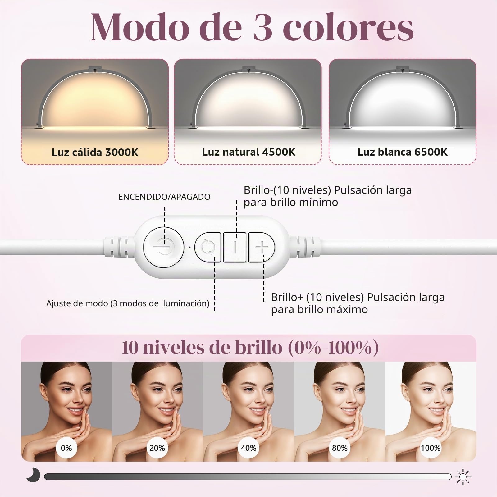Lámpara de Media Luna para Manicura: Lámpara de Arco de 58 cm para Manicuristas con Soporte para Teléfono para Principiantes - 3 Modos de Color y 10 Niveles de Brillo Ajustables - Lámpara de Uñas