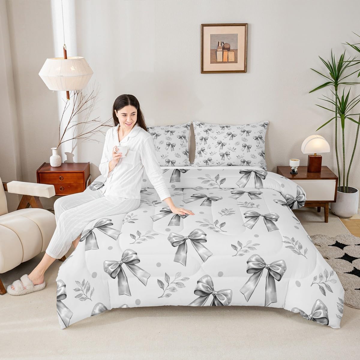 Feelyou Cute Bowknot Comforter Set All Season Dreamy Princess Style Bedding Set with 1 Pillow Cases Watercolor Bow Microfiber Toddler Bedclothes Bedroom Decor Duvet Quilt Breathable Soft Lightweight