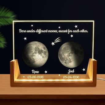 Personalized Moon Phase Crystal Night Light Custom Name & Date Gift with LED Wood Base, Laser Inner Engraved Moon in Crystal Panel, Romantic Lamp for Anniversary, Wedding, Valentines Day