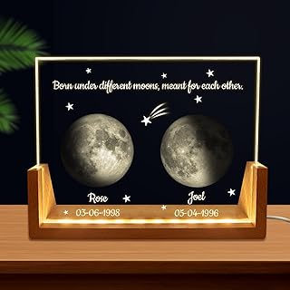 Personalized Moon Phase Crystal Night Light – Custom Name & Date Gift with LED Wood Base, Laser Inner Engraved Moon in Crystal Panel, Romantic Lamp for Anniversary, Wedding, Valentine’s Day