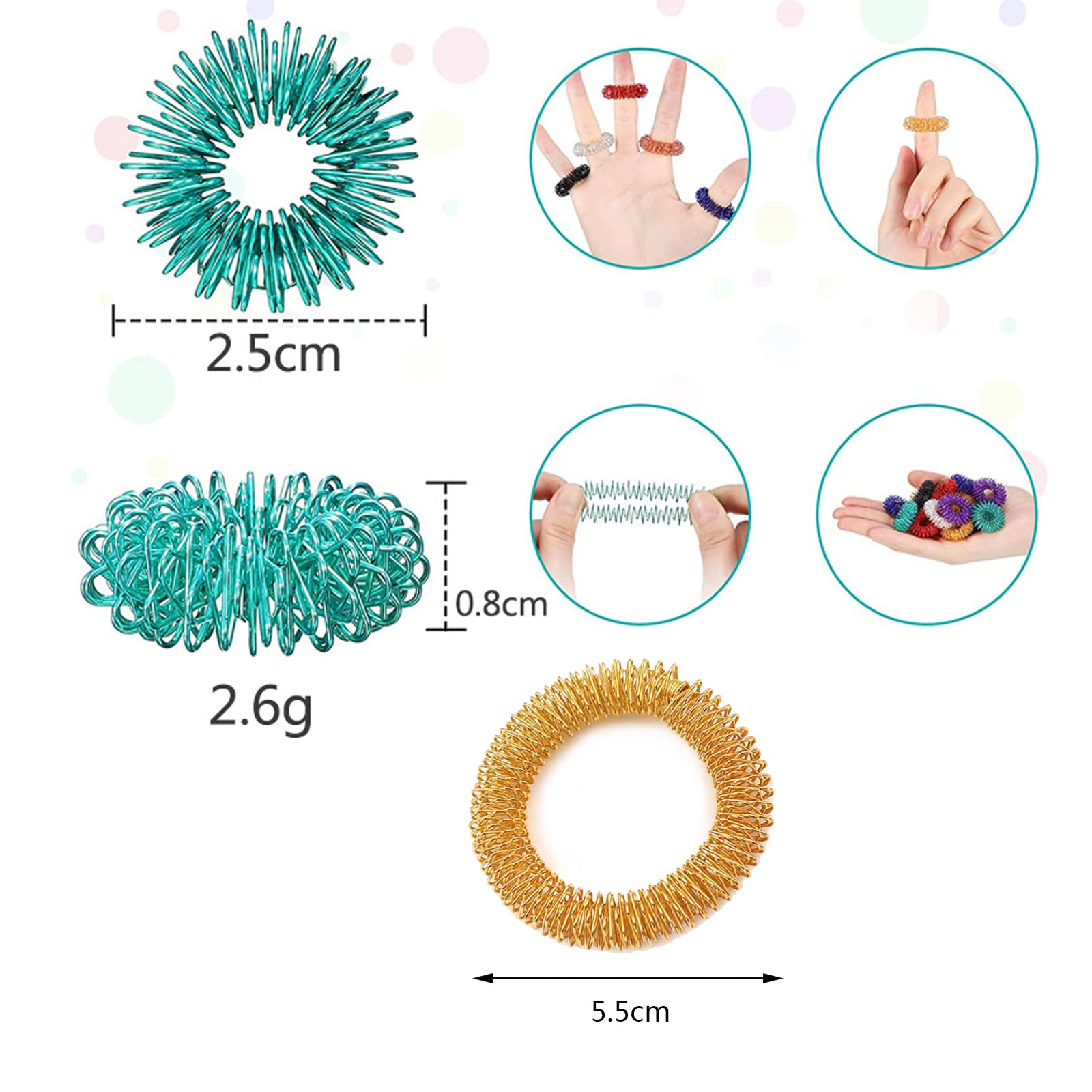 ASTER Set di 10 anelli per agopressione, 8 anelli sensoriali per dito, 2 braccialetti da massaggio da polso, anelli massaggianti per promuovere la circolazione sanguigna, sollievo dallo stress