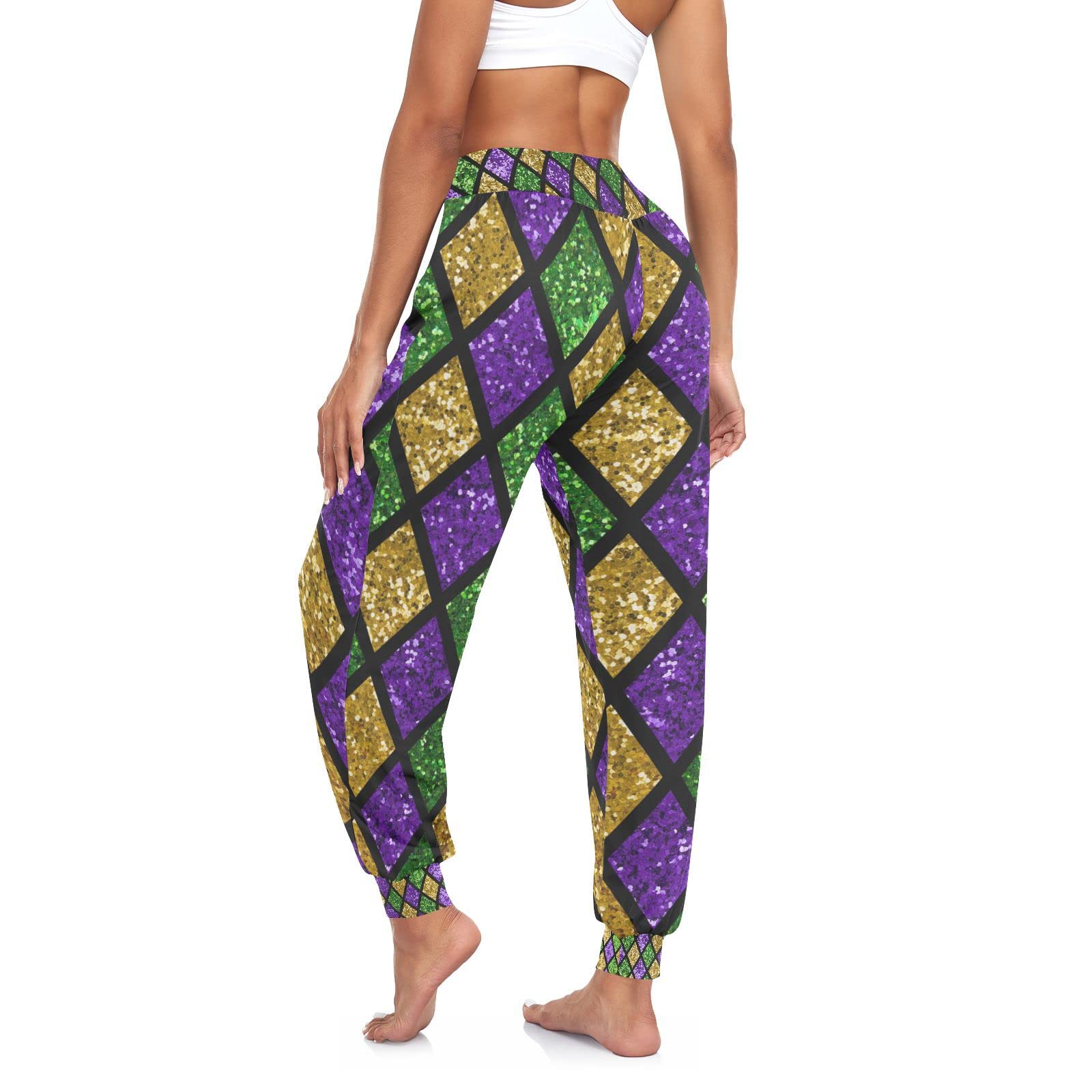 Aflyko Mardi Gras Women Dance Pants Fleur De Lis Glitter Zigzag Boho Trousers Yoga Sweatpants High-Waisted Workout Loose Fit Fat Tuesday Harem Pants XL
