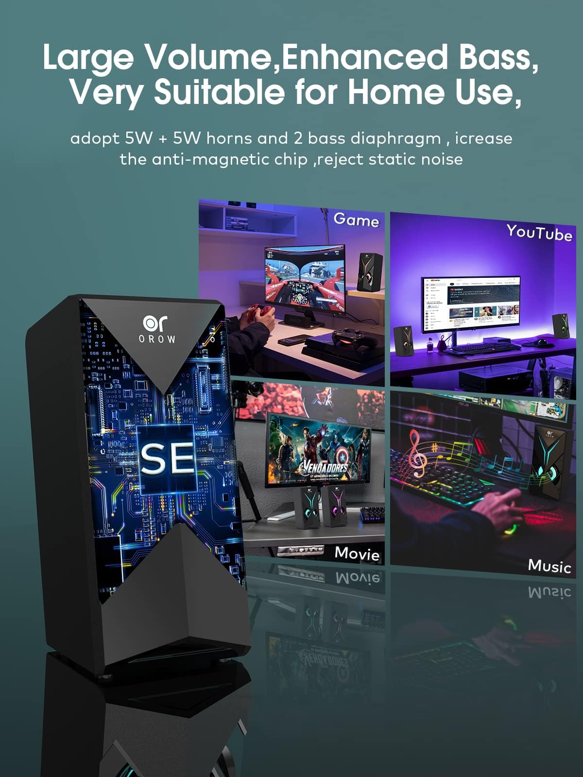 OROW Computer Speakers, Desktop Speakers with Various Colorful LED, 10W Gaming Speakers with Volume Control,RGB Computer Speakers for Monitor/Laptop,3.5mm Aux Input,Lights Can be Turned Off