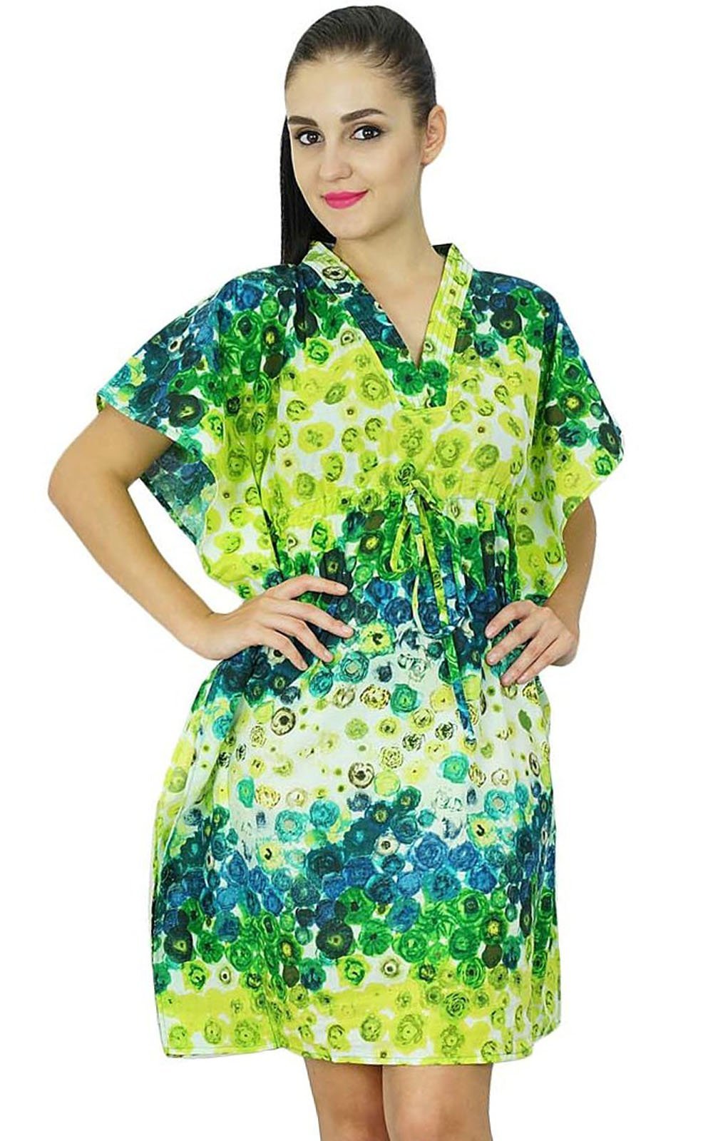Bimba Women Bohemian Cotton Kaftan Printed Dress Short Indian Caftan Plus Size Beach Wear Green