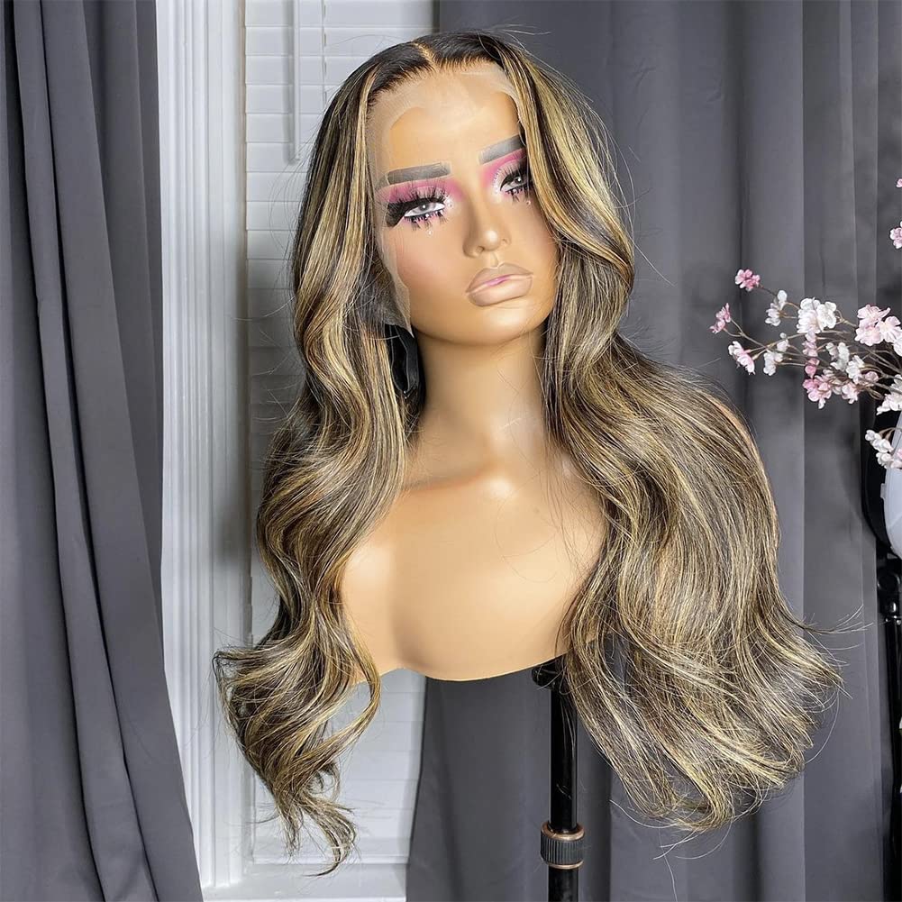 4x4 Silk Top Lace Frontal Body Wave Human Hair Wigs Highlight Blonde Brown Glueless 13x4 Lace Front Wigs With Bleached Knots 13x6 Lace Wig Pre-Plucked With Natural Hairline Wavy Hair (10, 13x4 Lace Front Wig 150 Density)