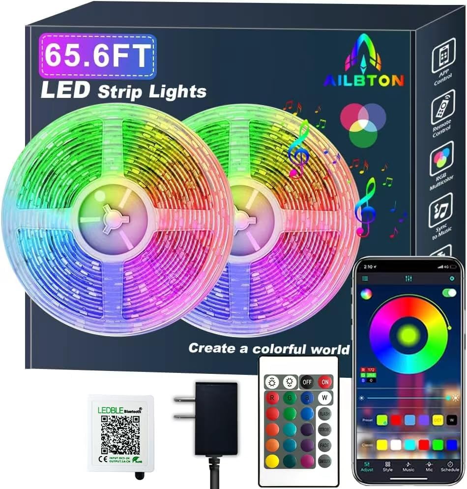 AILBTON Tira de luces LED, sincronización de música, cambio de color, micrófono integrado, control de aplicación Bluetooth, cinta de luces LED con