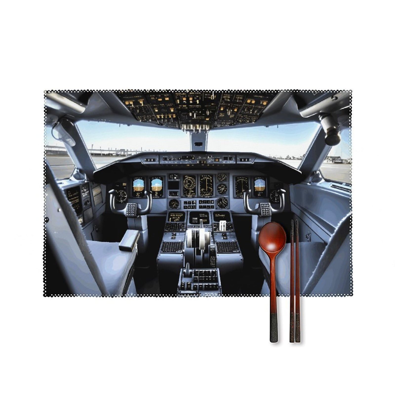 Airplane Cockpit Placemats Set of 6 Wipeable Table Mats for Kitchen Dining Table Heat Resistant Waterproof Modern Indoor/Outdoor Non-Slip Easy Clean Place Mats