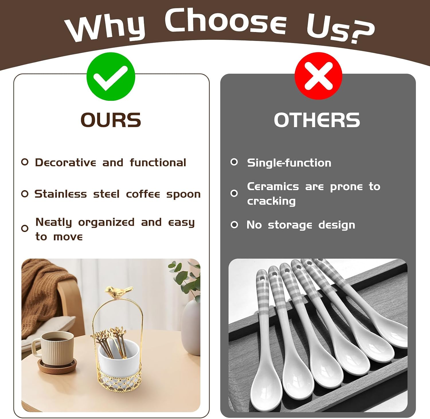 Stainless Steel Leaf Coffee Spoon Set with Holder - White Ceramic Storage Jar and Gilded Bird Iron Stand, 5 Spoons and 5 Forks, Flatware Set for Coffee, Dessert and Afternoon Tea, Elegant Table Decor