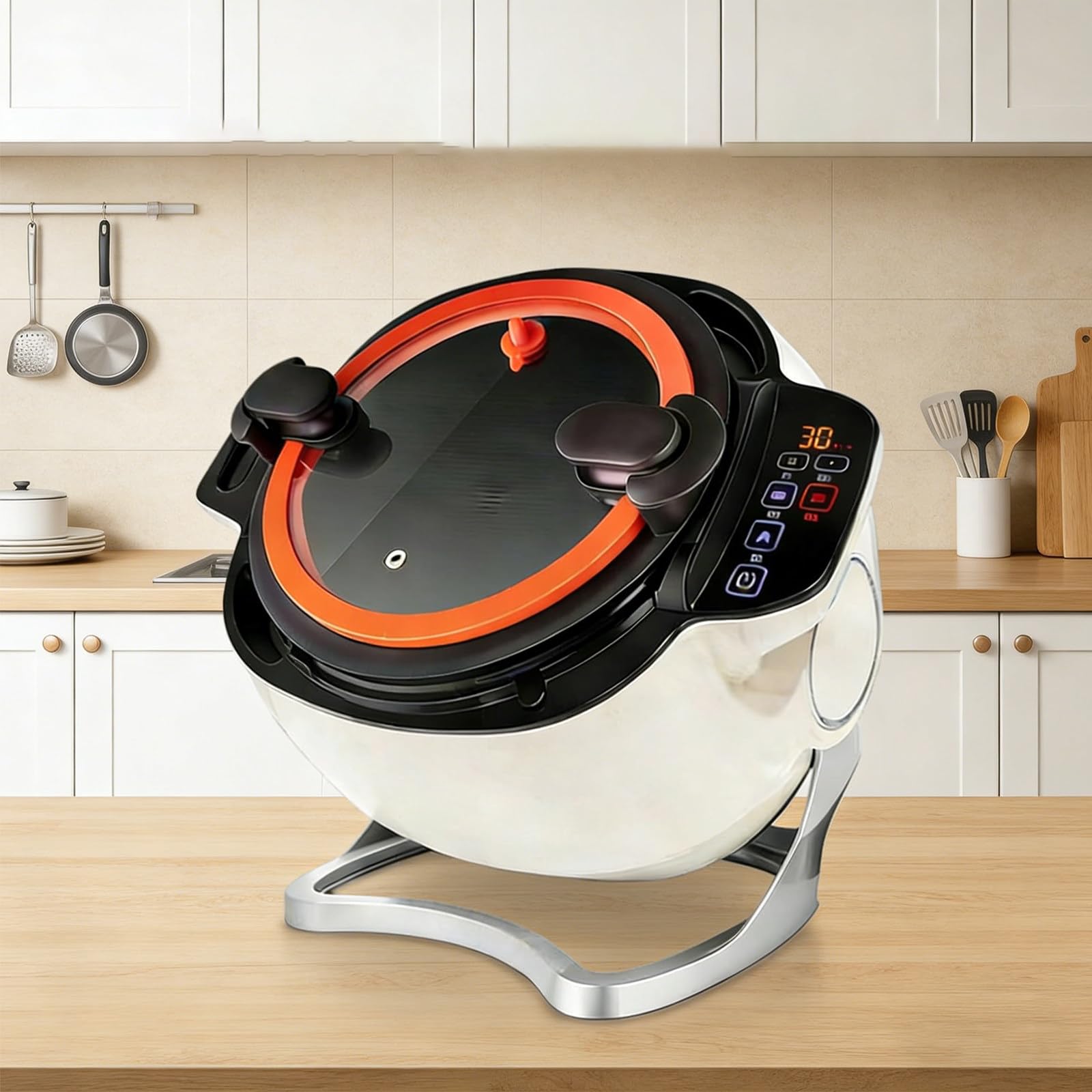 Automatyczna maszyna do gotowania, robot kuchenny 2000 W, obracany o 360°, pojemność 6 l, programowalny robot kuchenny z 3 prędkościami, do smażenia, duszenia i przygotowywania zup