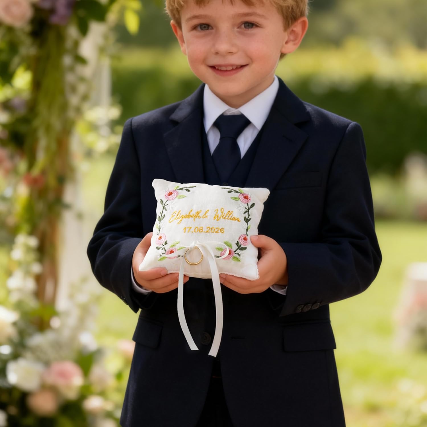 callie Personalized Wedding Ring Pillow - Custom Names & Date, Ring Bearer Pillows Cushion, Wedding Ceremony Engagement Gifts for Bride Groom Couple (5.5/7 inches)