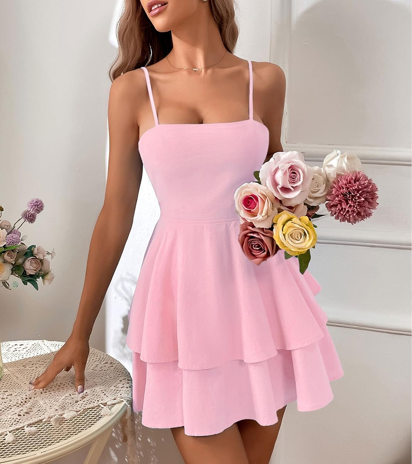 YBSKG Womens Summer Spaghetti Strap Bow Tie Backless Tiered Layer Short Mini Dress Sexy Party Club Dresses