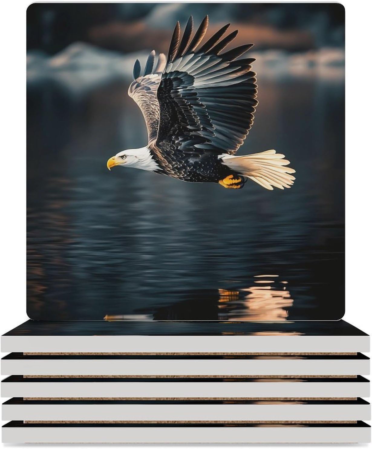 Ea-gle's Flying Lake Ceramic Coasters Set Square Drink Coasters Table Coaster for Kitchen Desktop Decor