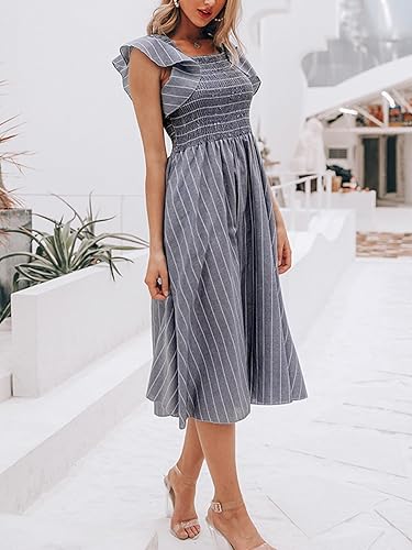 Miniatura 3 de Miessial Vestido midi de verano para mujer, casual, manga corta, vestido de lino fruncido 2025, vestido bohemio para invitados de boda con bolsillos