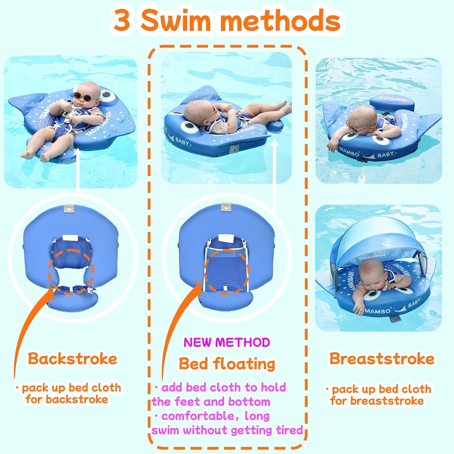 Mambobaby Float with Canopy and Tail New Upgraded Non-Inflatable Baby Pool Float Mambo Float Swim Trainer Solid Infant Swim Float Adjustable Pearl Foam Baby Swim Ring