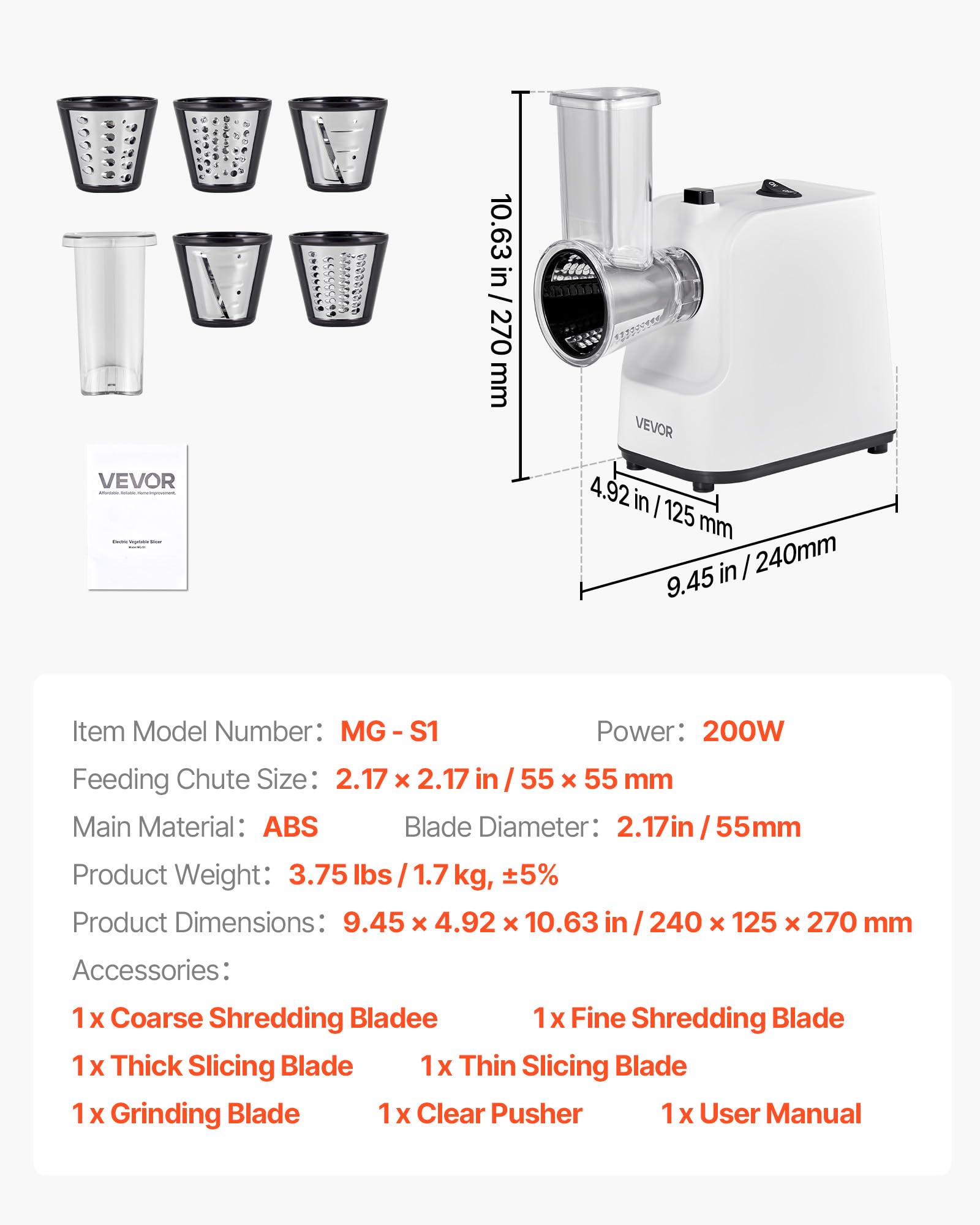 VEVOR Rallador de Queso Eléctrico 5 en 1, ABS, Cortador de Ensaladas de 200 W, con 5 Accesorios, Cuchillas de Acero Inoxidable para Verduras y Queso, Corte Rápido, 240 x 125 x 270 mm, Blanco