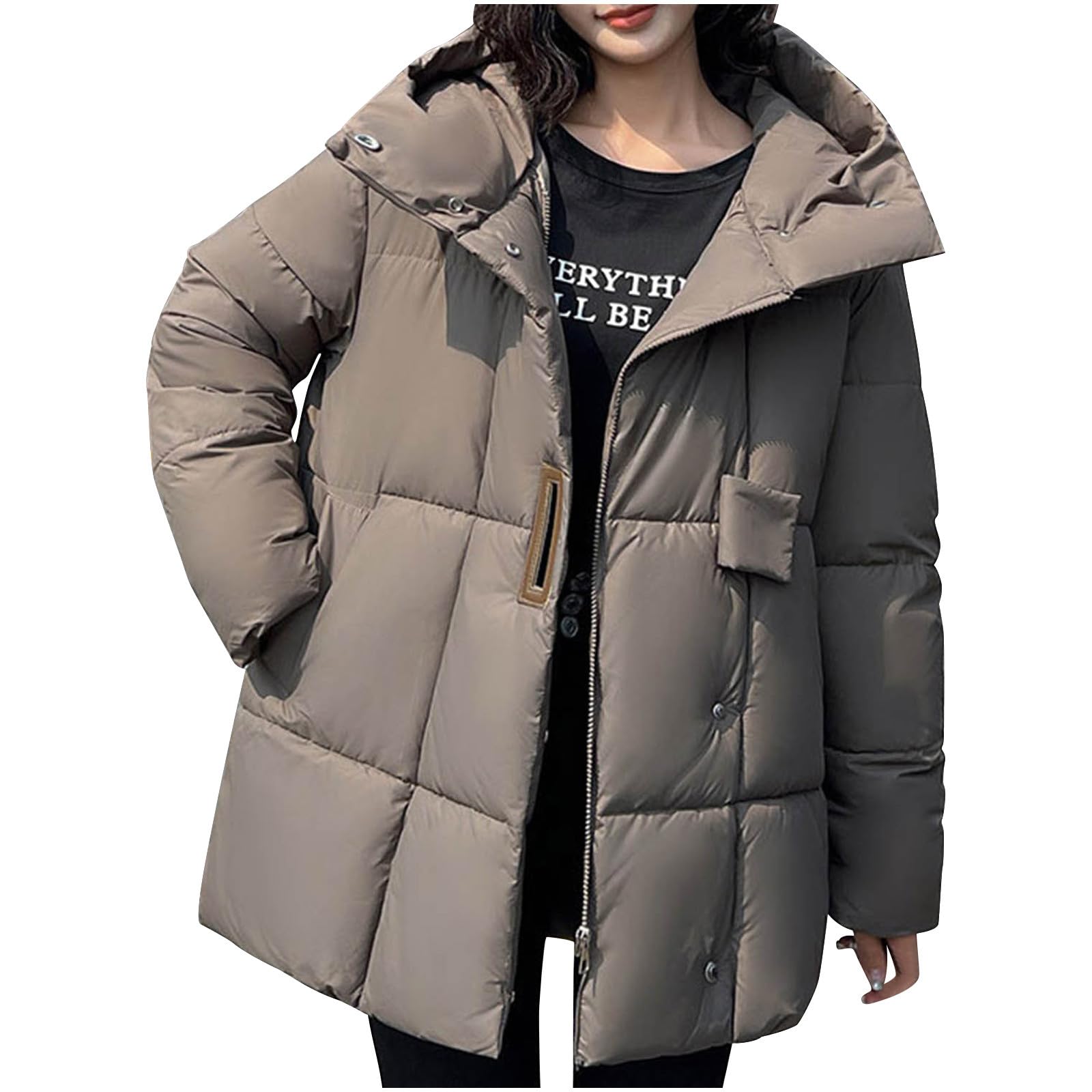 Mrat Piumino da donna, invernale, trapuntato, imbottito, con cappuccio, antivento, con tasche con bottoni, maniche lunghe, con cerniera, giacca termica da donna, leggera, morbida