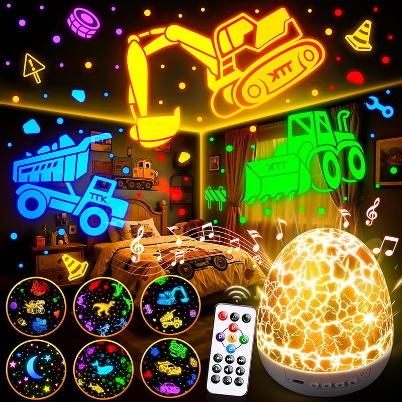 PIKOY Excavator Toys Night Light Projector15 Sounds & 6 FilmsKids Construction Toys Truck Night Lights [31 Colors & Remote] Dinosaur Egg Light for Nursery Boys Kids Toddler Birthday Gifts 1-10 Years