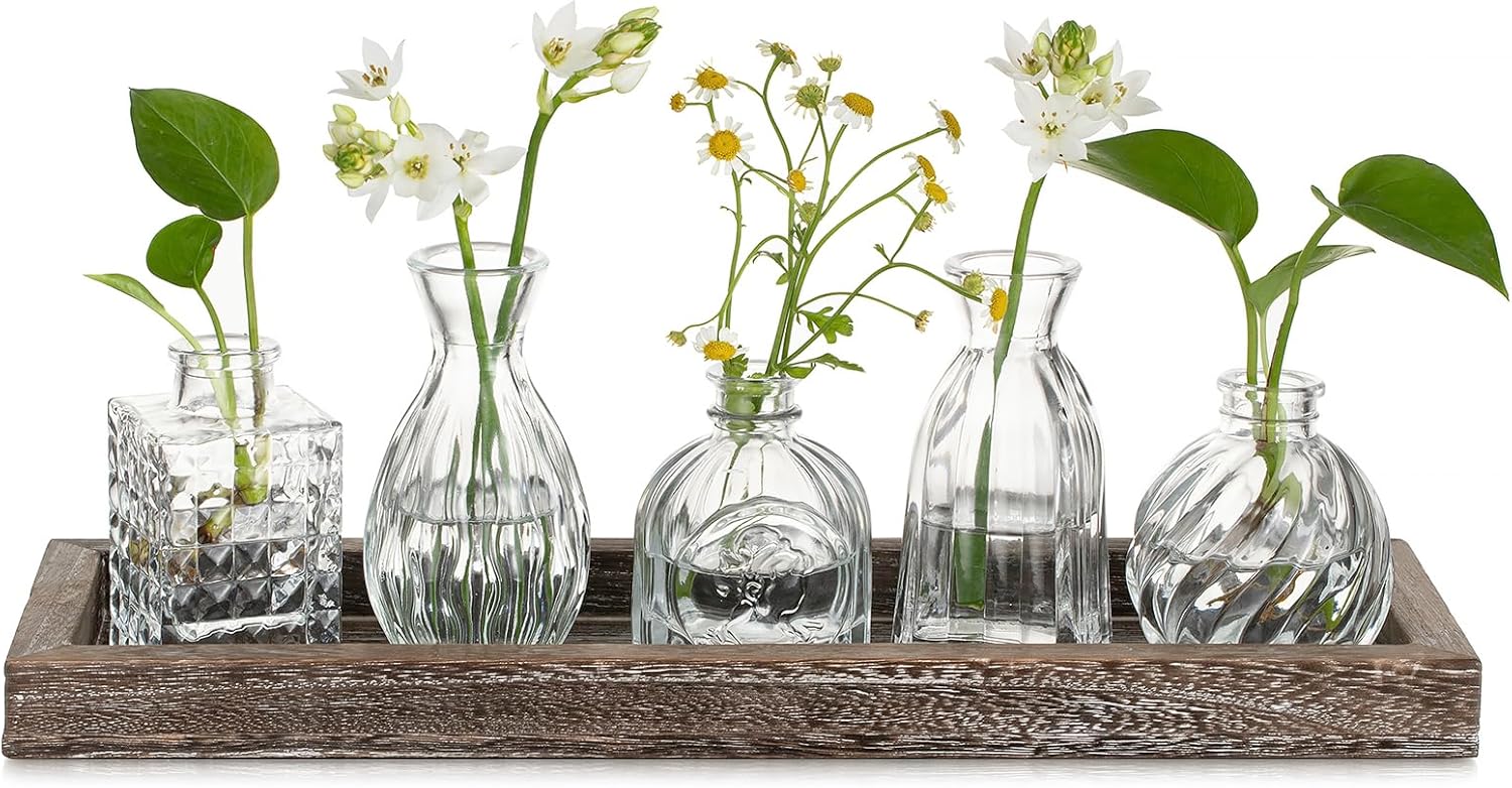 Hewory Glass Bud Vases for Flowers: 5pcs Vintage Small Vases for Table Decoration Centrepiece – Clear Glass Vase Set with Wood Tray Cystal Flower Vase for Living Room Decor Home Wedding