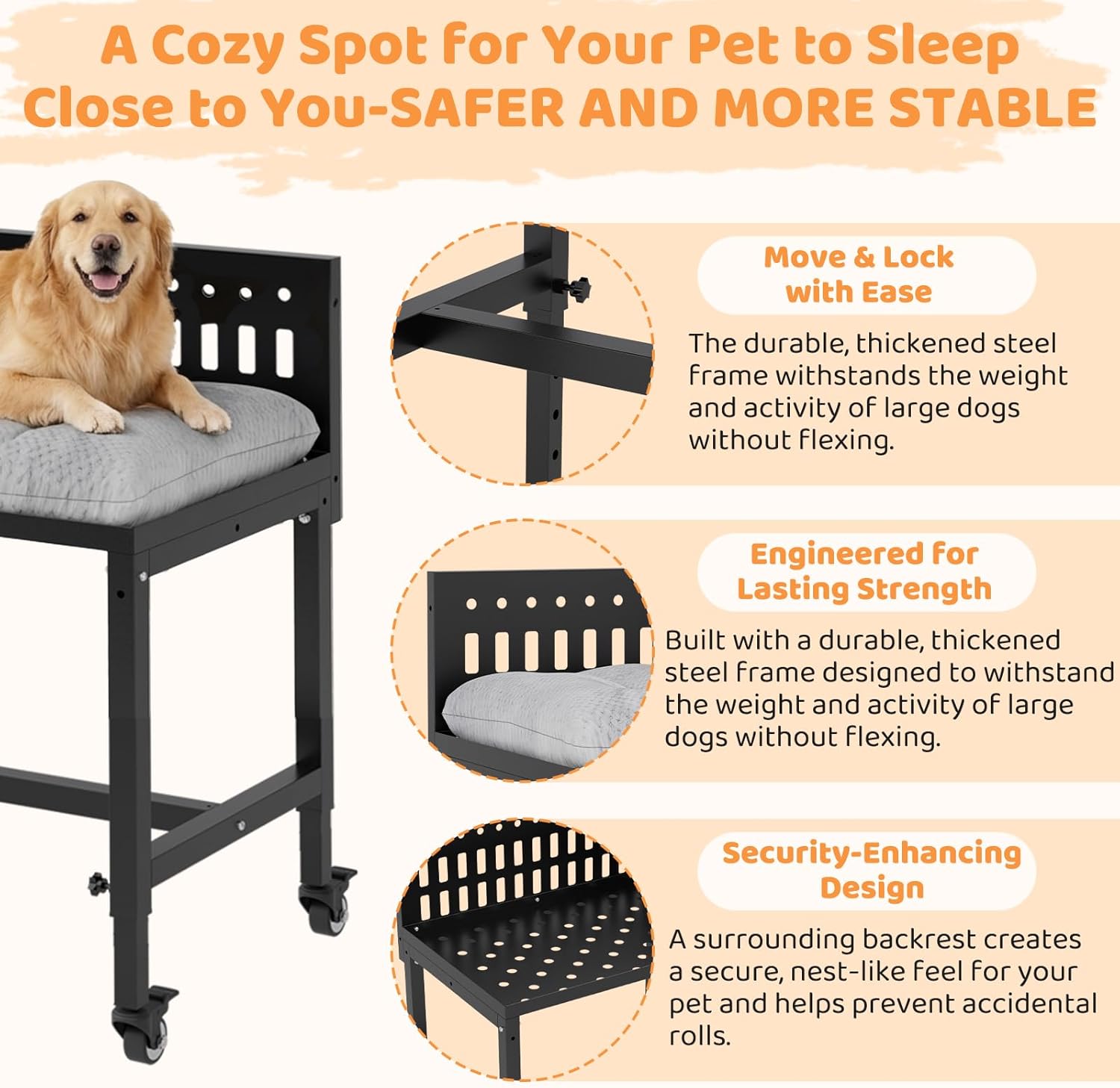 Beside Dog Bed,2 Panels Adjustable Height Dog Bunk Beds,26.8”x18.1” Metal Frame & Cushion, Converts to Bunk Bed or Bed Extension Attachment for Human Bed, for Small/Medium Dogs