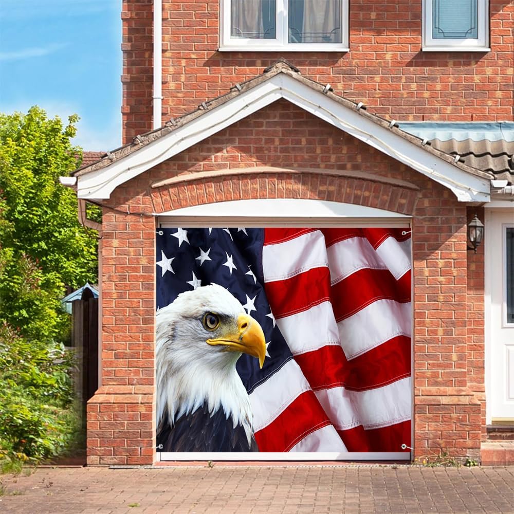 Leyiyi 7x8ft American Flag And Bald Eagle Garage Door Decorations Banner Patriotic 4th of July Garage Door Banner Cover Independence Day Banner for Memorial Day Veterans Day Party Decoration